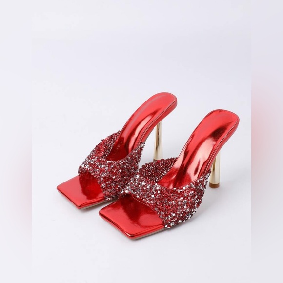 Fashion High Heel Sandals Metal Sequin Embellished Stiletto Mule Sandals - Picture 1 of 11